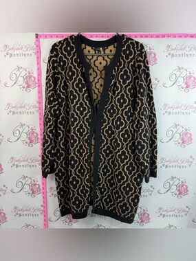 Lands' End Open Cardigan / Sweater Black and Camel Patterned
